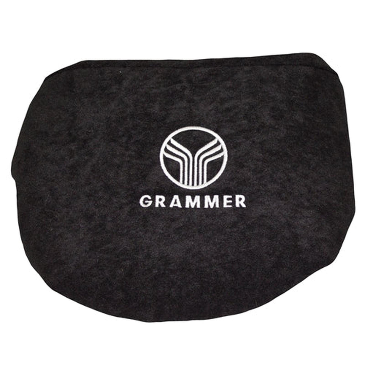 Gray Grammer backrest extension cover made of durable fabric with a white embroidered logo.
