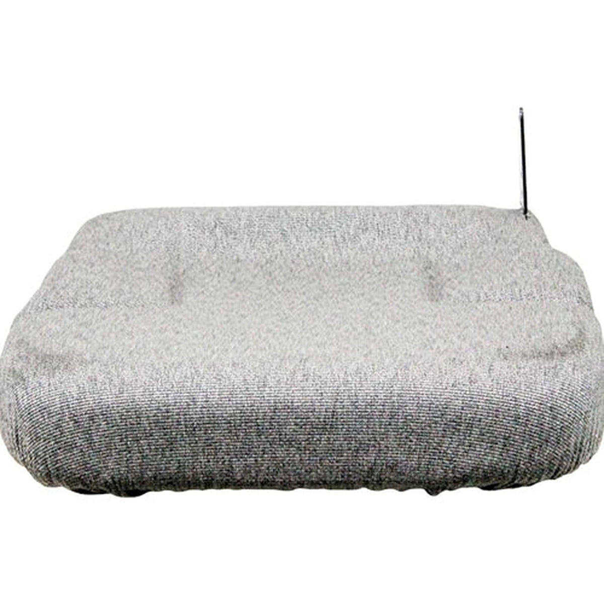 Grey fabric Sears tractor seat cushion with a rectangular design and metal mounting frame attachment.