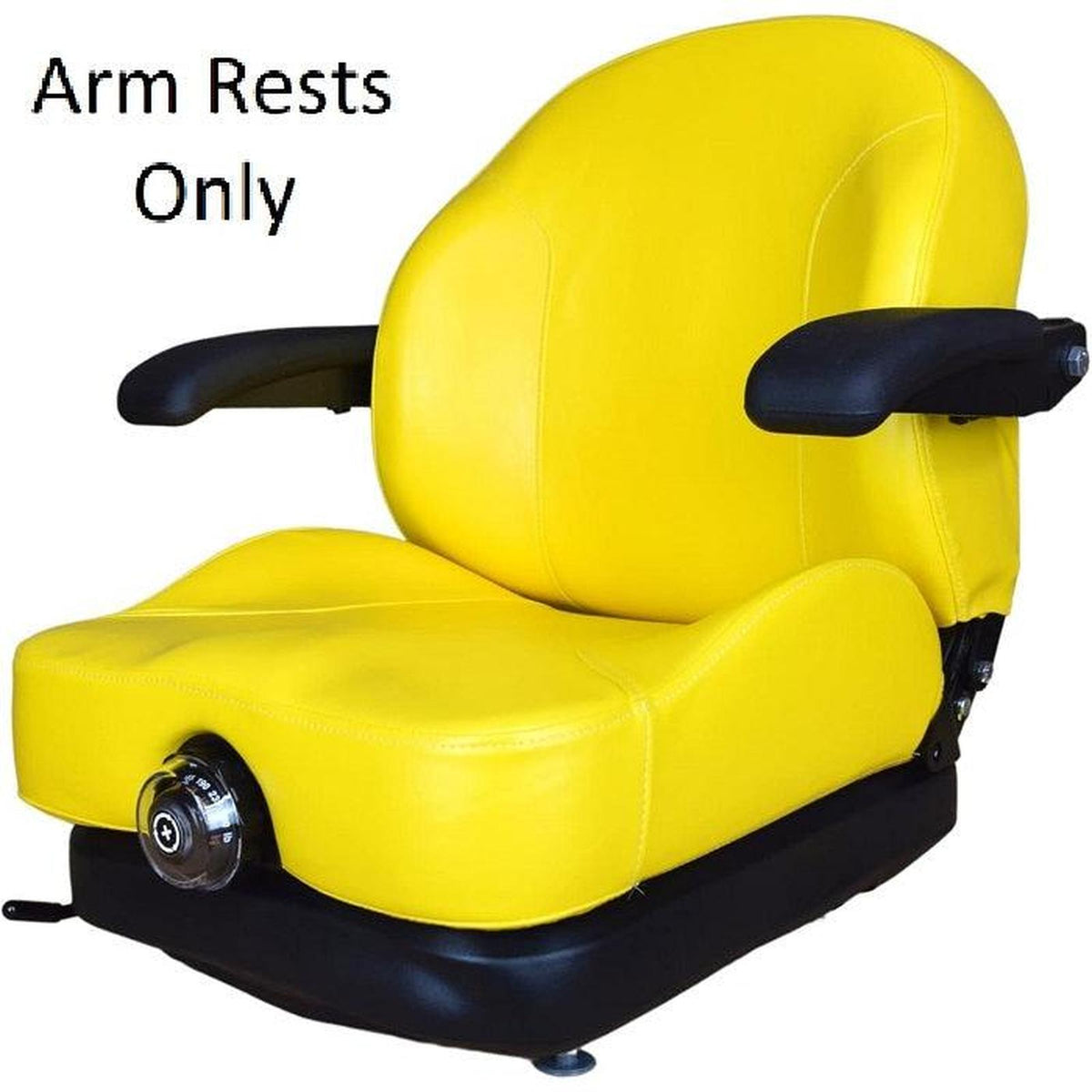 Pair of durable black Dura-Tex molded armrests for Seats Inc tractor and mower seats, including installation hardware.