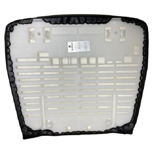 Underside of a black vinyl Grammer B12/GS12 seat cushion featuring a white molded plastic support frame and mounting clips.