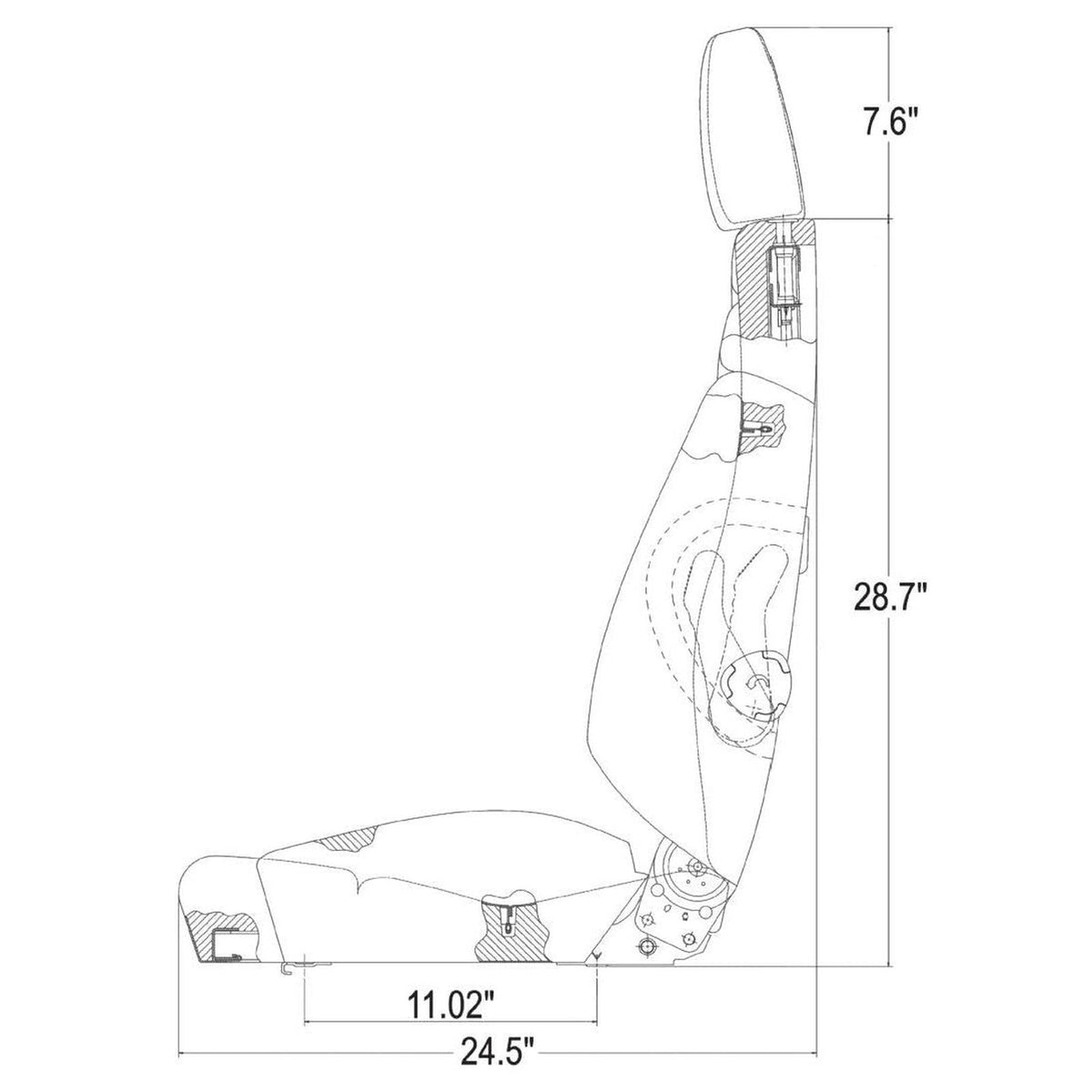 Side profile technical drawing of an industrial tractor seat with dimensions for heavy construction equipment.