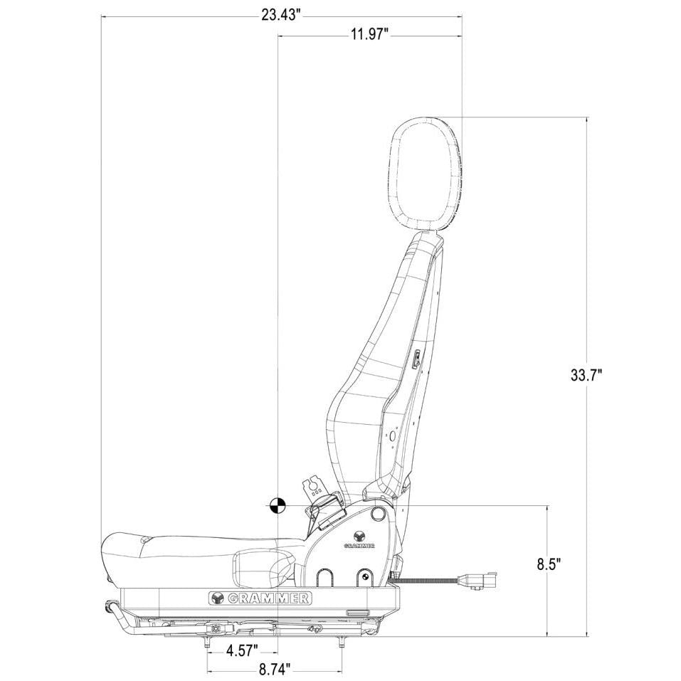 Technical line drawing of a high-back excavator seat with suspension, showing dimensions and side-profile design.
