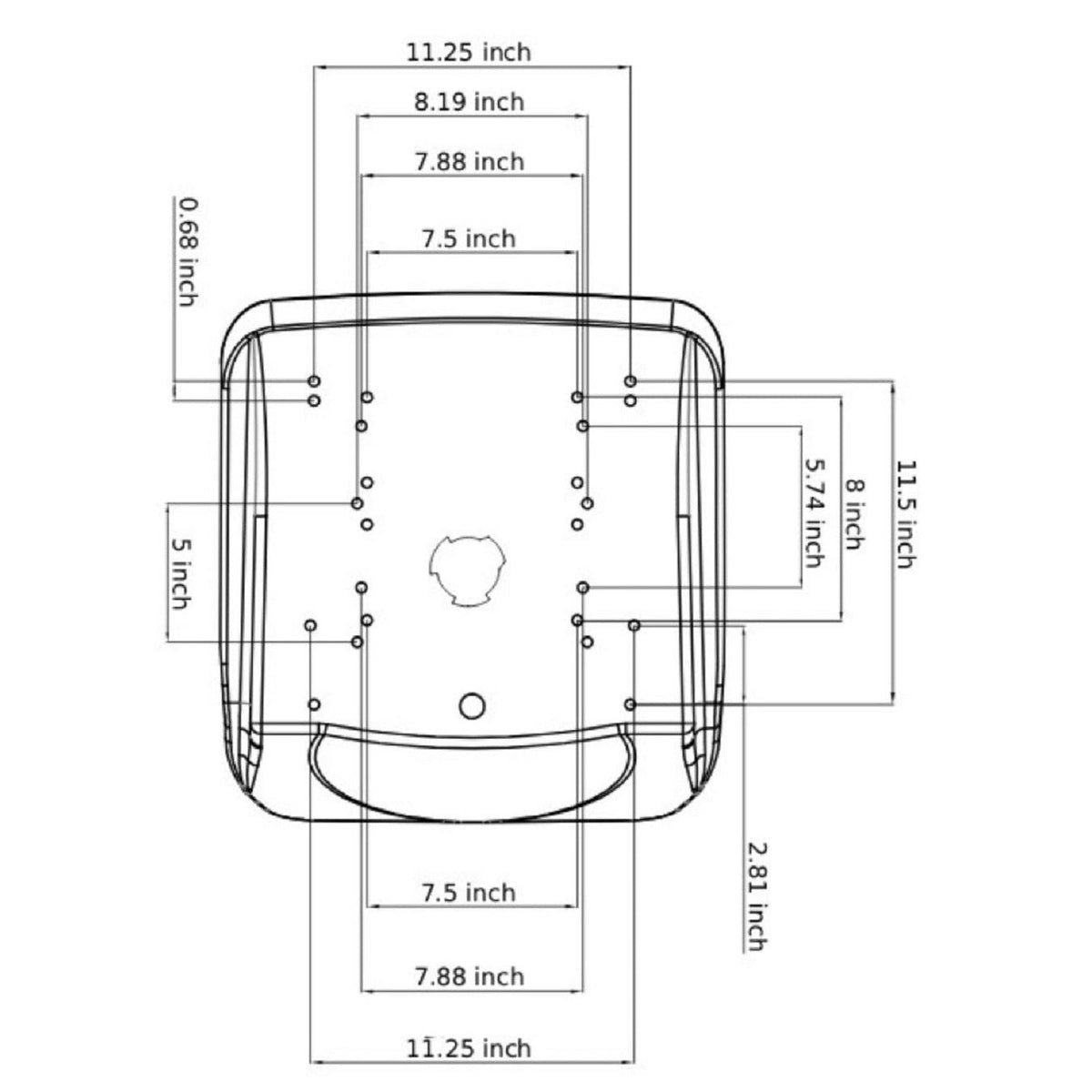 Technical diagram showing mounting hole patterns and dimensions for a 15-inch mid-back tractor seat base.