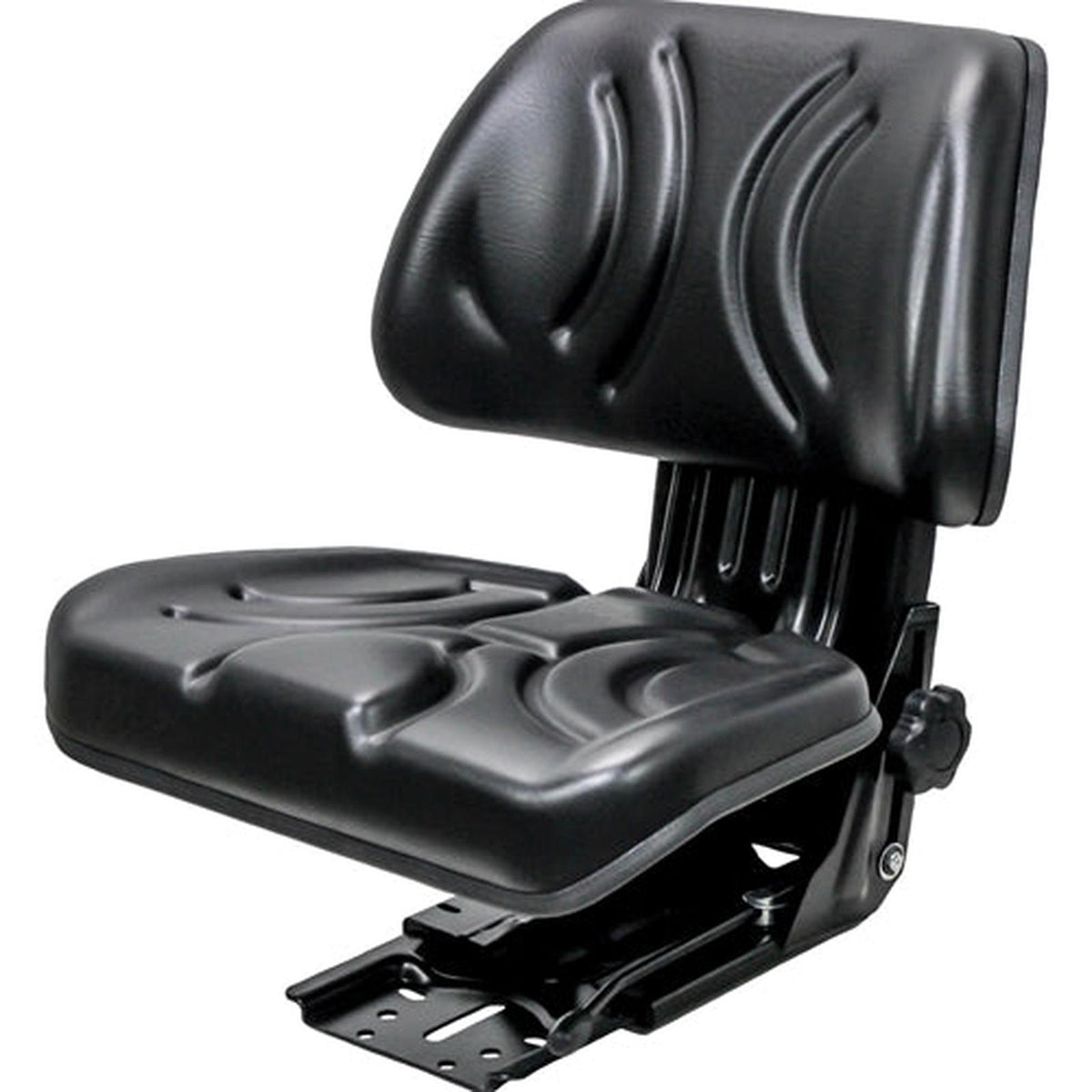 Black vinyl low-profile mechanical suspension seat with contoured cushions and a fixed mounting base.