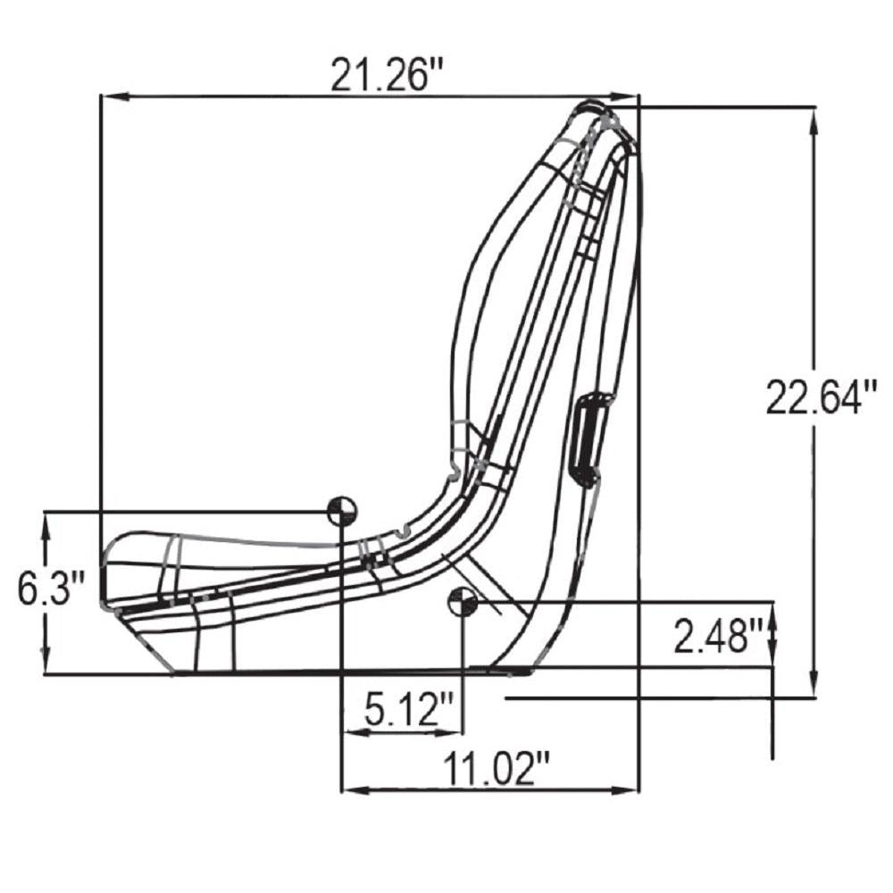 Technical line drawing of a bucket seat for skid steers and tractors showing side profile dimensions in inches.