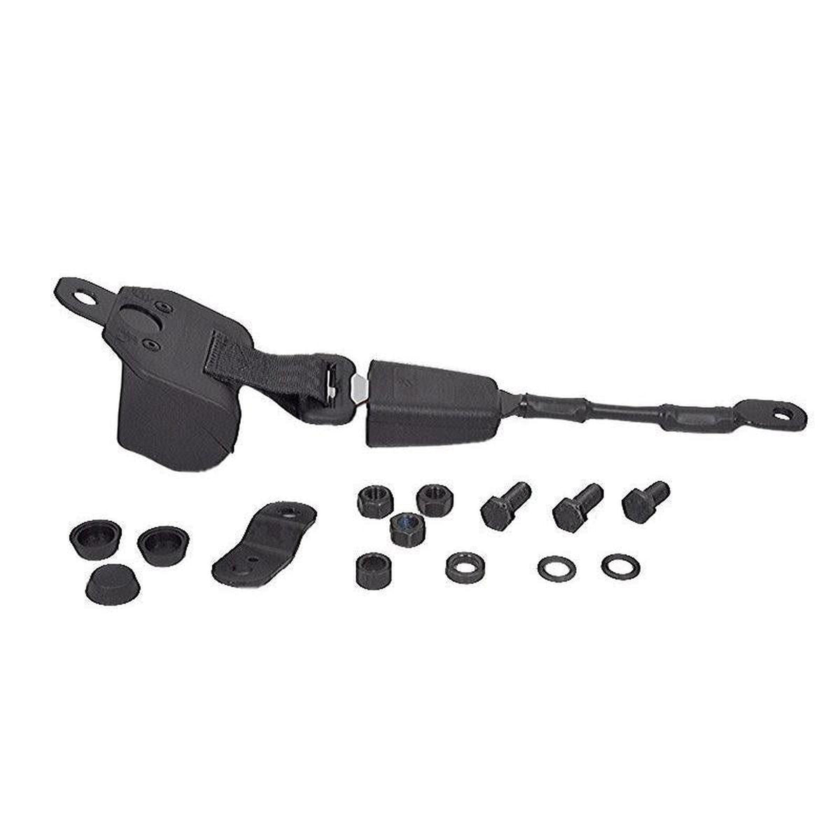 Black retractable seat belt kit for Grammer seats with buckle, mounting brackets, and included hardware set.