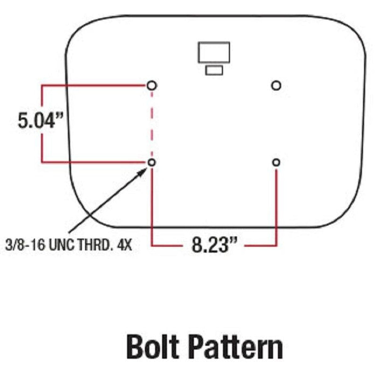 Technical diagram showing a lawn tractor seat bolt pattern with 5.04-inch and 8.23-inch mounting dimensions.