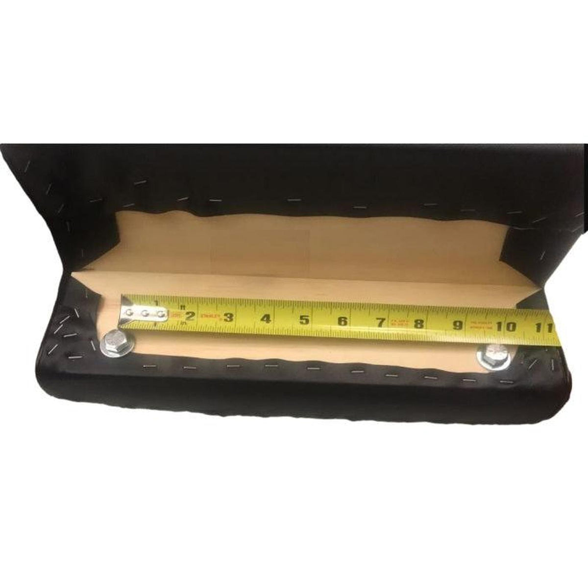 Black vinyl John Deere crawler armrest with wood backing and two mounting bolts, measuring 9.75 inches center-to-center.