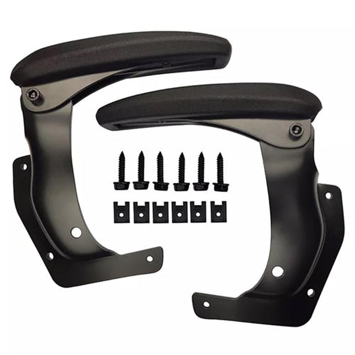 Pair of black Dura-Tex molded armrests for heavy equipment seats with included steel mounting hardware and adjustment knobs.