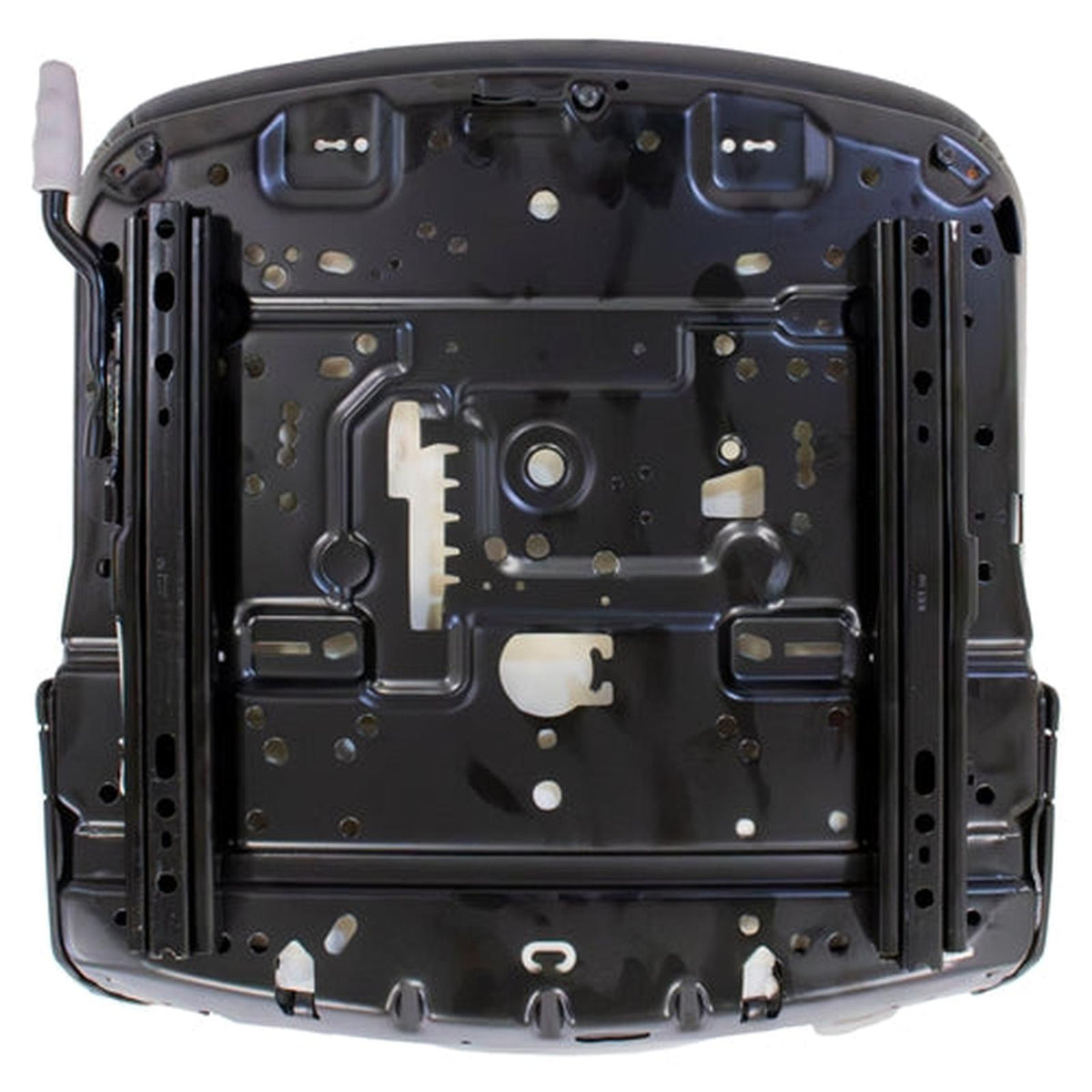 Underside of a Grammer 722 seat featuring black metal mounting rails, slide tracks, and an adjustable handle.