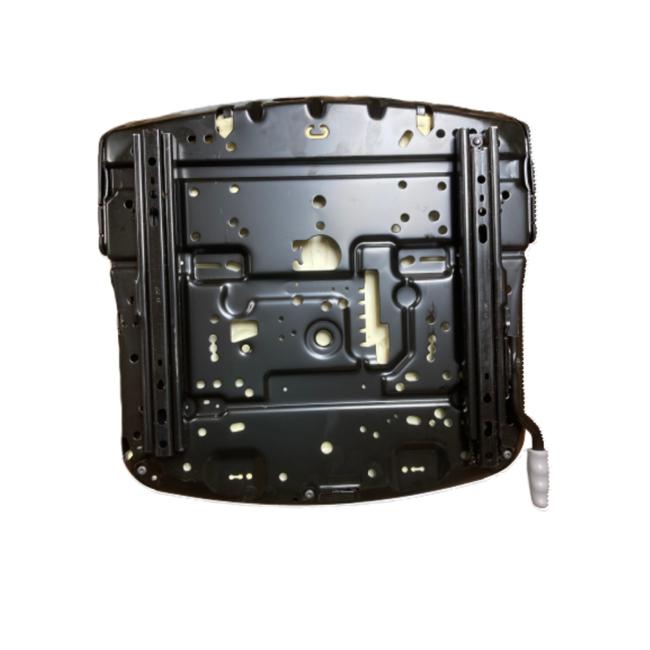 Underside of a Grammer 721 seat featuring black metal mounting plate, integrated slide tracks, and adjustment lever.