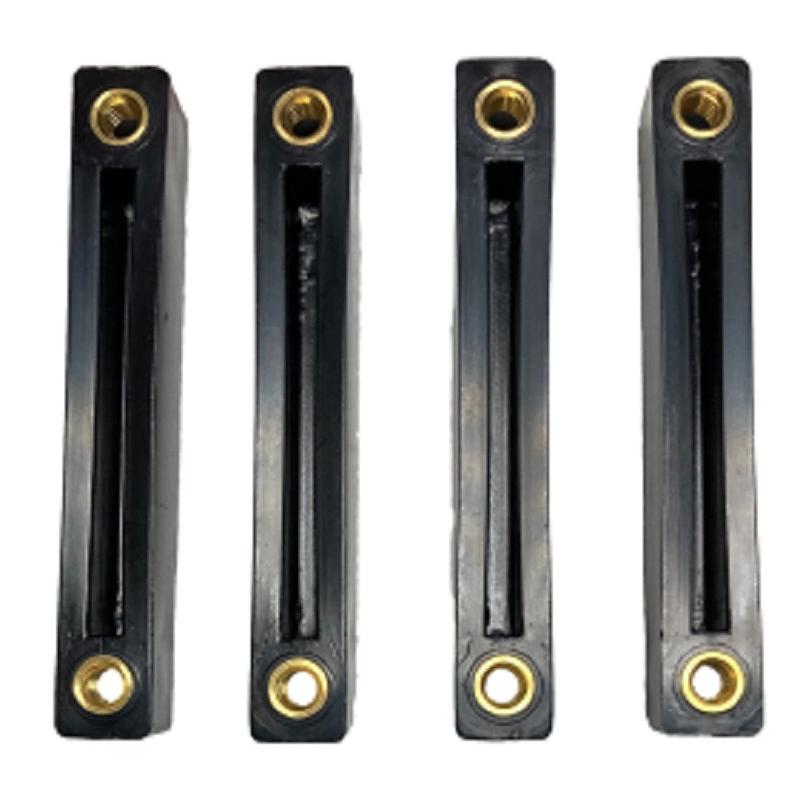 Four black rectangular plastic seat glide blocks with brass threaded inserts for Sears equipment seats.