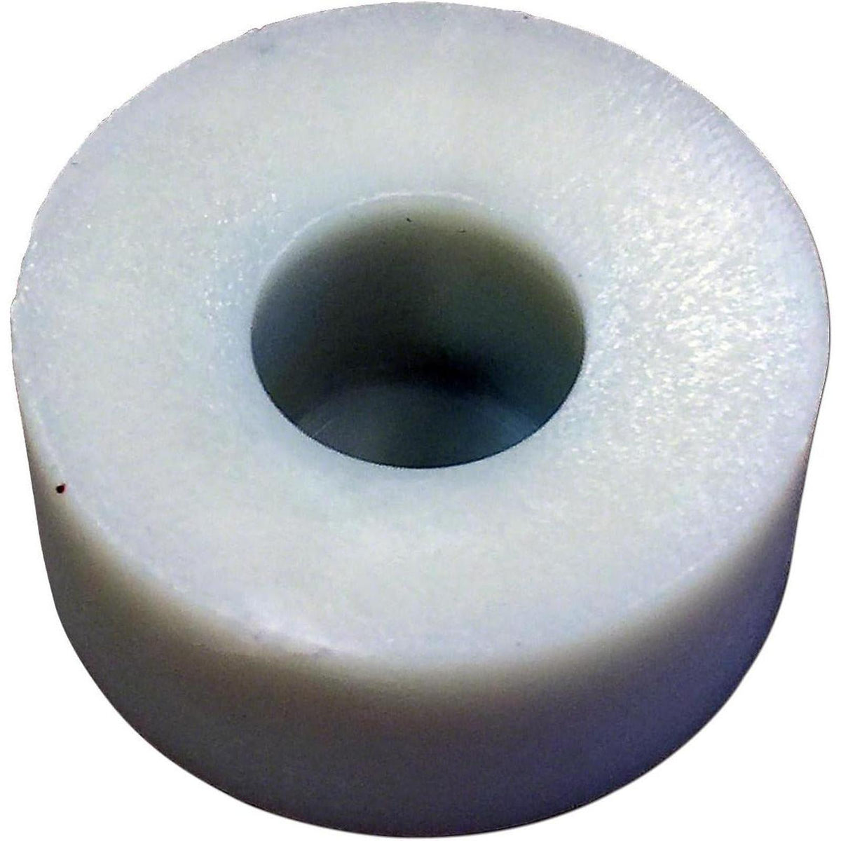 White cylindrical plastic suspension seat roller with a central blind hole for John Deere equipment repairs.