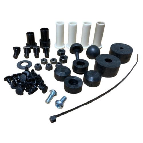 Sears seating suspension service kit with black rollers, white bushings, assorted hardware, and fasteners on white background.