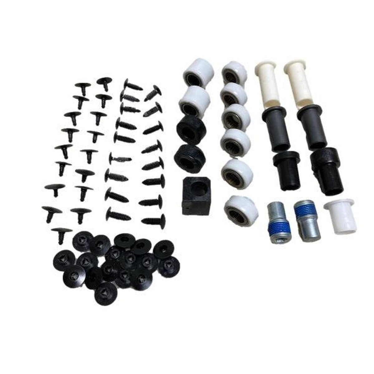 Sears seat suspension service kit with white and black rollers, needle bearings, metal pins, and assorted mounting hardware.