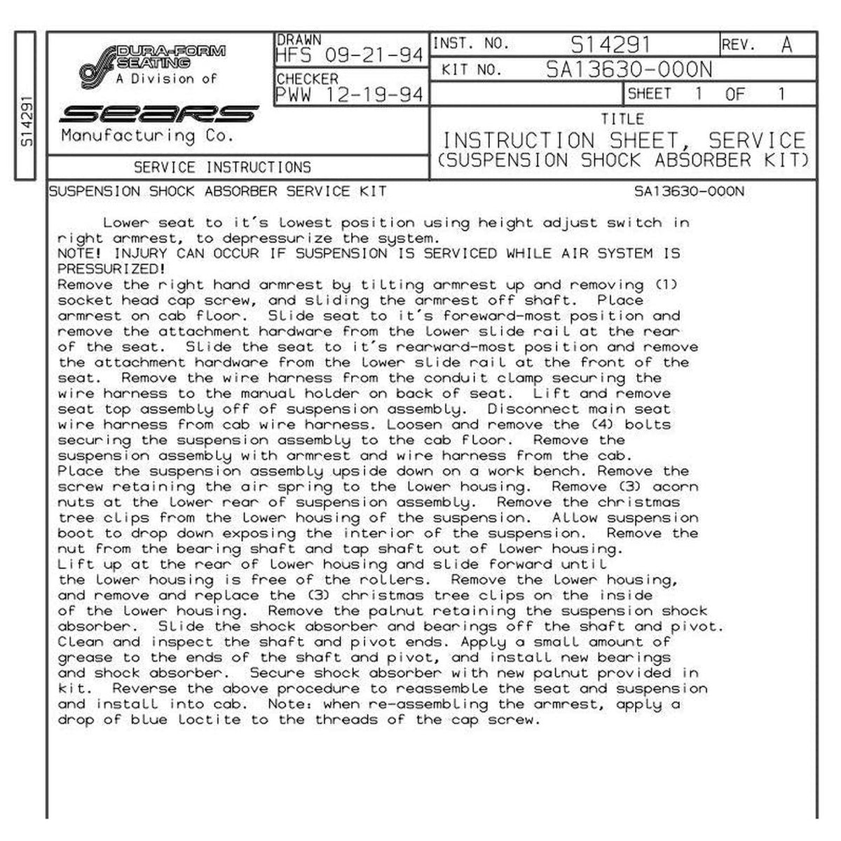 Technical service instruction sheet for Sears tractor seat suspension shock absorber replacement.