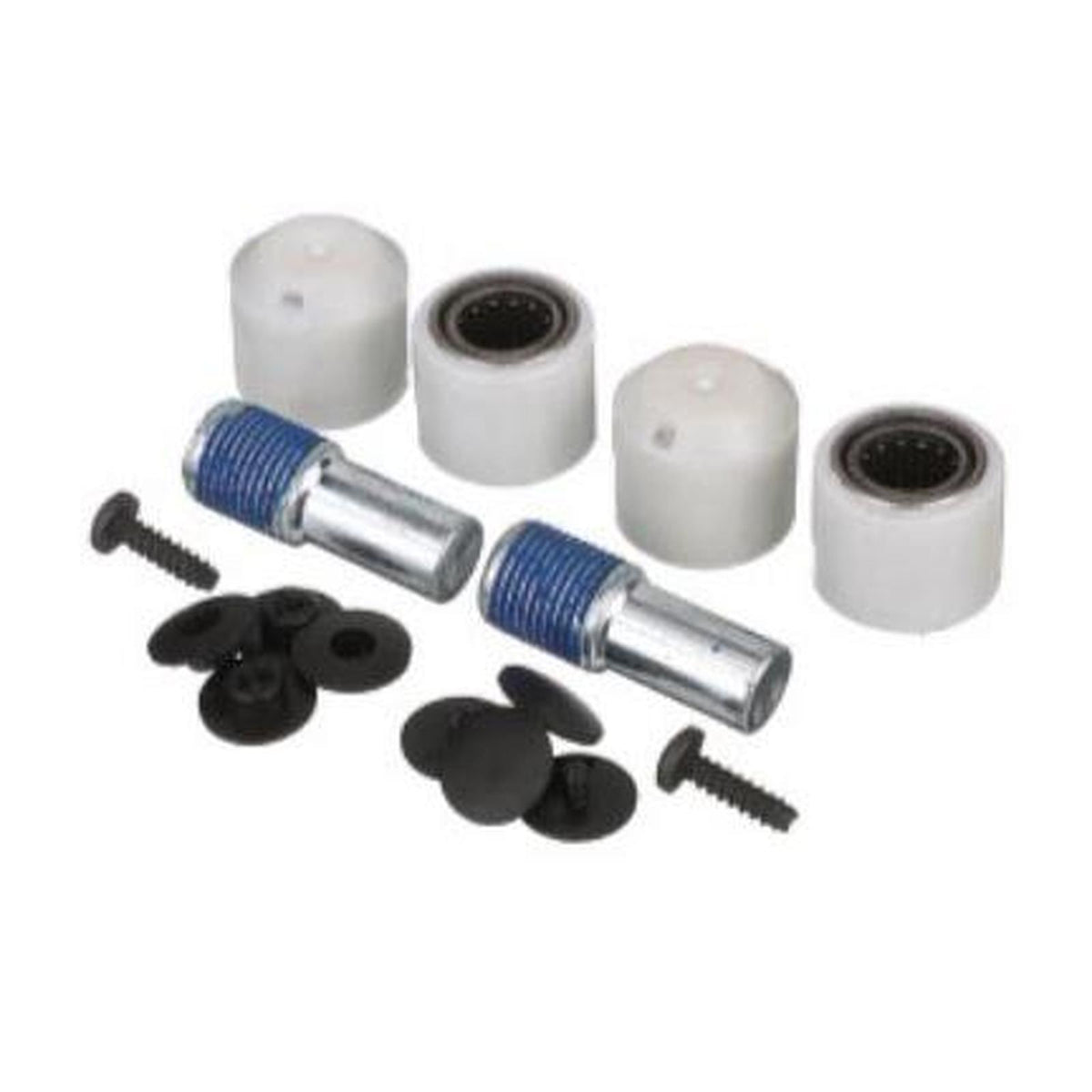 Sears seat suspension roller kit with white nylon rollers, metal pins with blue thread locker, and black hardware fasteners.