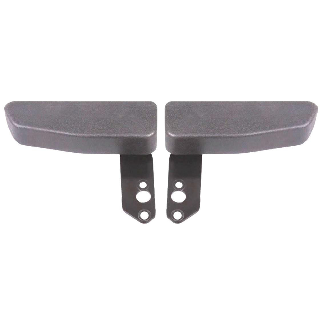 Pair of black foldable armrests with durable Dura-Tex molded covering and steel mounting brackets for equipment seats.