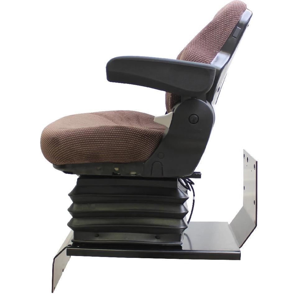 Brown fabric air suspension tractor seat with black armrests, adjustable backrest, and mounting pedestal for John Deere.