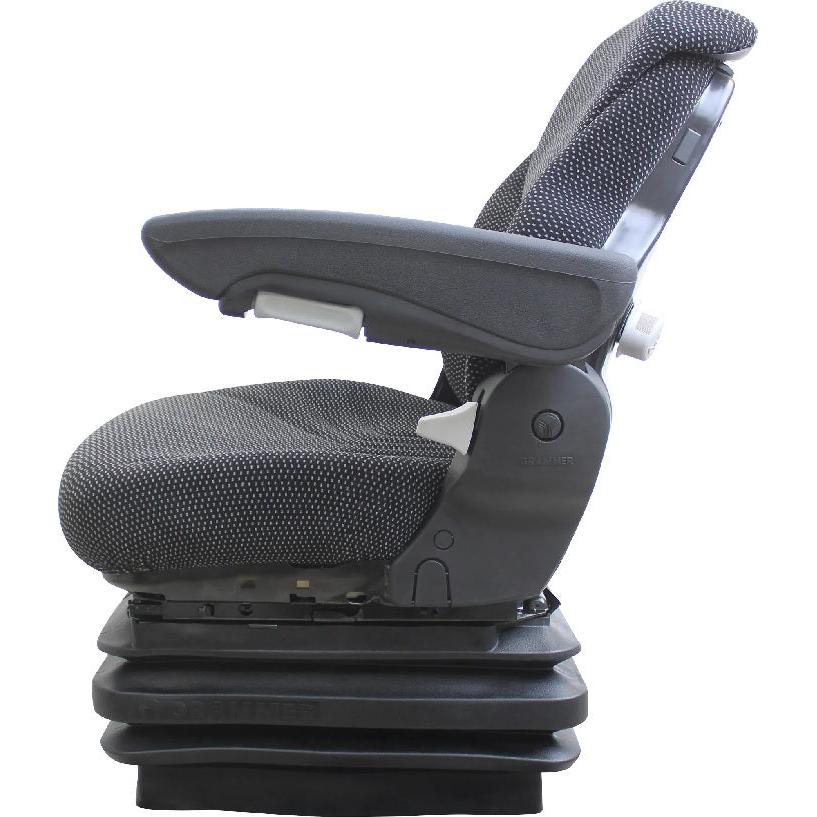 Charcoal fabric mechanical suspension seat with armrests, adjustable weight settings, and black base for agricultural equipment.