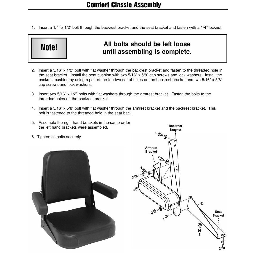 Black vinyl tractor seat with armrests and assembly diagram for Allis Chalmers tractors.