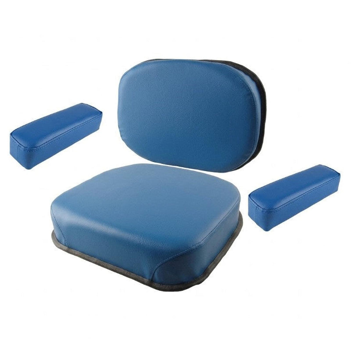 Blue vinyl tractor seat cushion set with black trim and matching armrests, shown on a plain white background