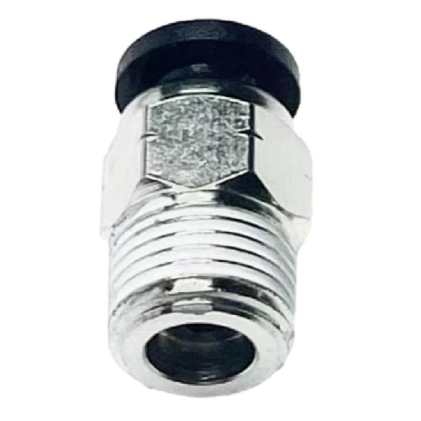 Silver metal air ride seat compressor fitting with a black 4mm hose connector and 1/8 inch MNPT threaded base.