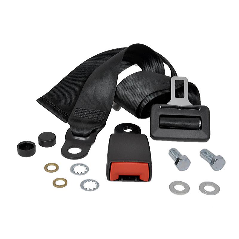 Adjustable black nylon seat belt kit for Grammer seats with buckle, mounting brackets, and installation hardware.