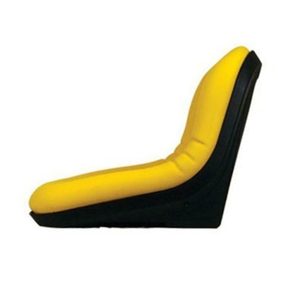 Yellow and black medium-back utility tractor seat with an ergonomic foam cushion and durable molded plastic pan.