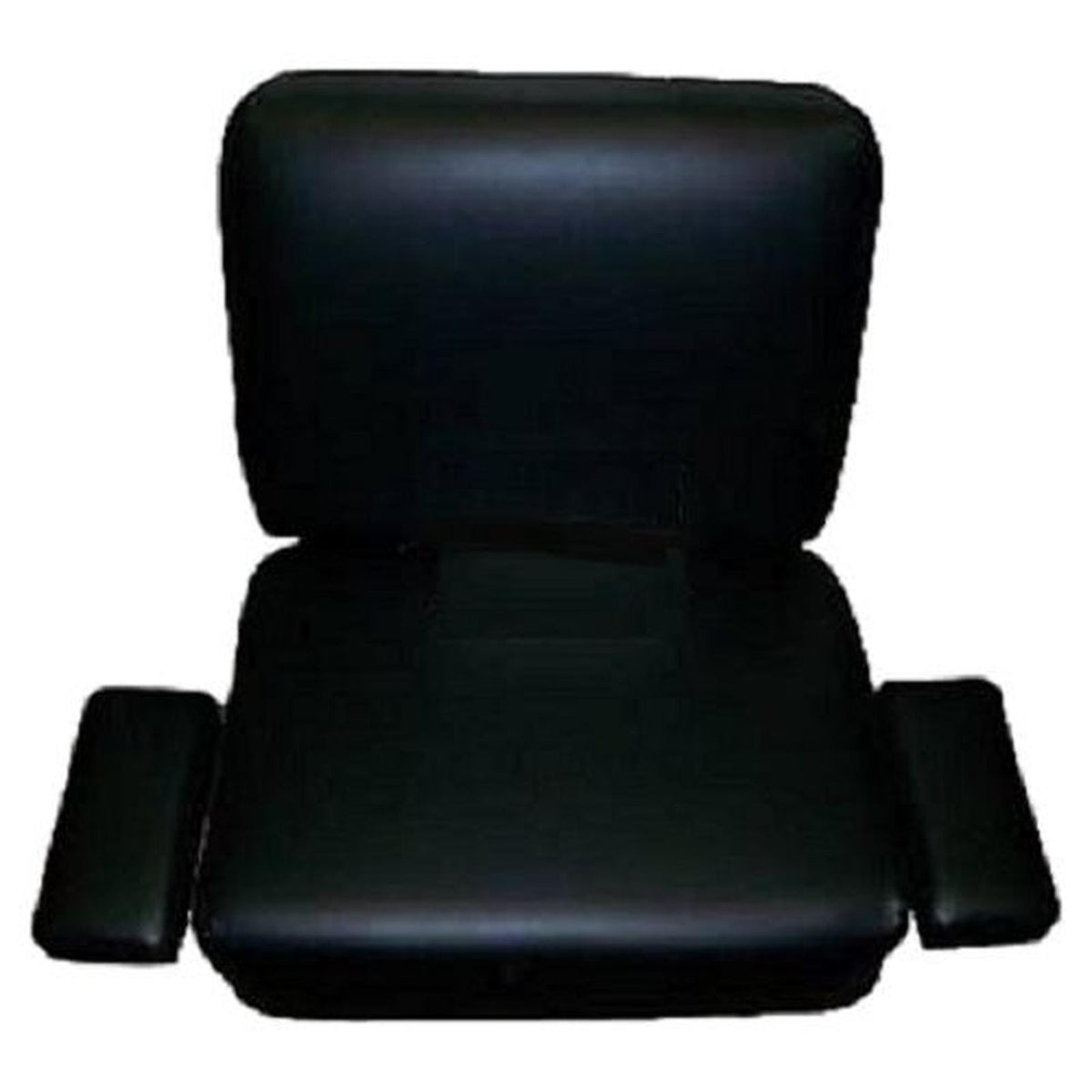 Black vinyl seat cushion set for IH tractors, including backrest, seat base, and two armrests on wood bases.