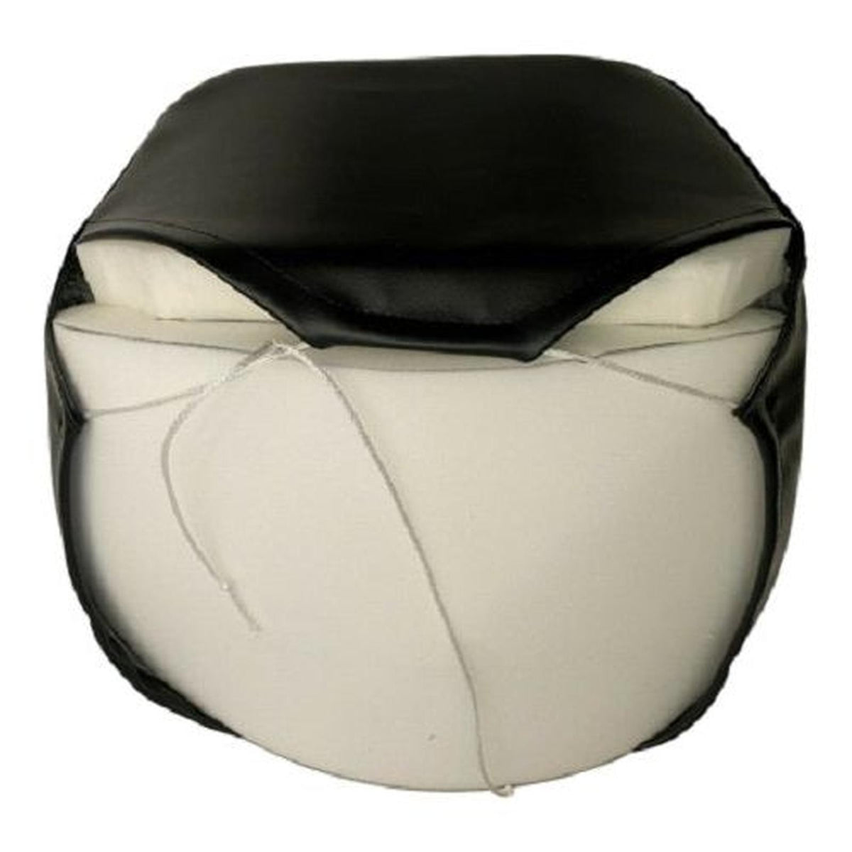 Black vinyl tie-on tractor seat cushion with thick white foam padding for Bolens lawn and garden tractors.