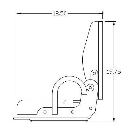 Side profile technical drawing of a high-back tractor seat with 18.50-inch depth and 19.75-inch height dimensions.