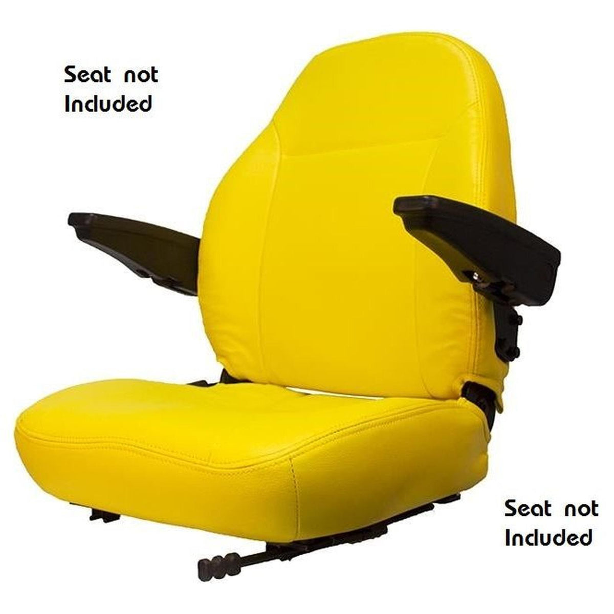 Pair of black Dura-Tex molded armrests with adjustment knobs, attached to a yellow tractor seat for equipment.