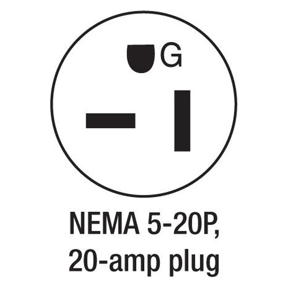 Black and white diagram of a NEMA 5-20P 20-amp electrical plug configuration with ground pin.