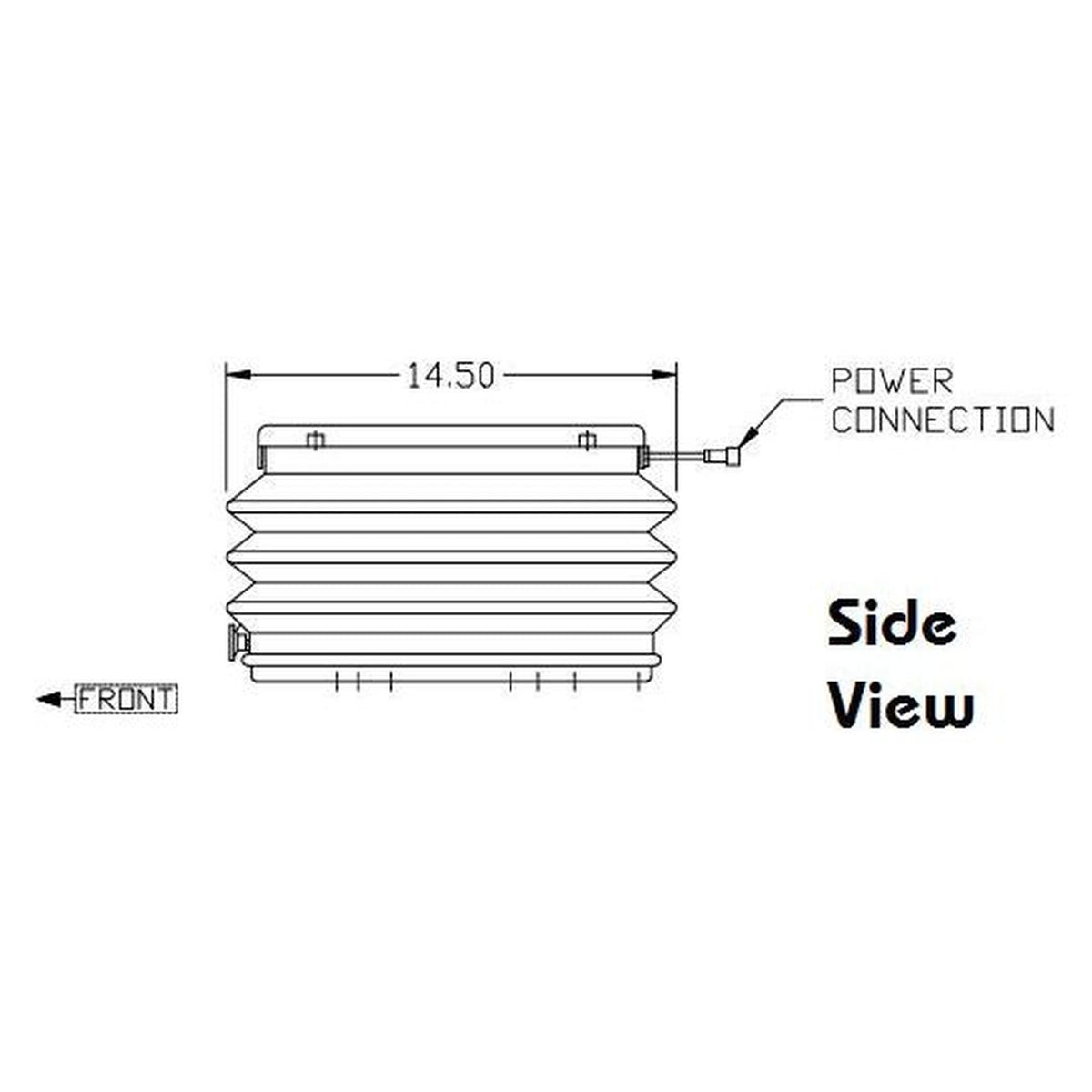 Technical side view diagram of a 12v narrow tractor air suspension seat with a 14.50-inch width and power connection.
