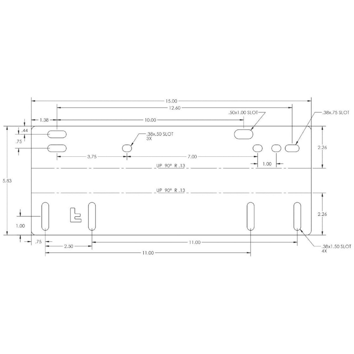 Technical drawing of a steel tractor seat adapter bracket with multiple mounting slots and precise dimensions.