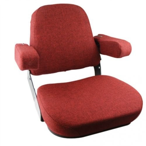 Red fabric tractor seat assembly with steel frame and flip-up armrests for Case, International, and Massey Ferguson tractors.
