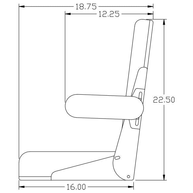Technical line drawing of a tractor seat assembly with dimensions for backrest, seat cushion, and adjustable armrests.