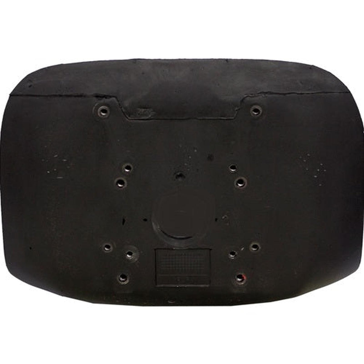 Black low-back lawn mower tractor seat showing the underside with multiple mounting hole patterns for universal fitment.