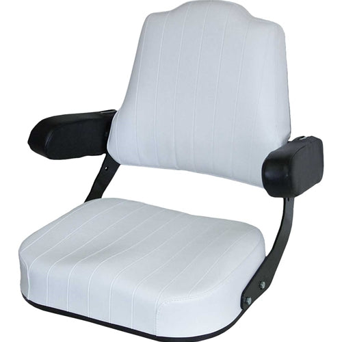 White vinyl tractor seat assembly with black armrests, steel frame, and tombstone-shaped backrest for International Harvester.