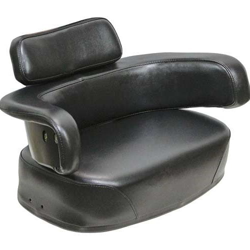 Three-piece black vinyl seat cushion set for John Deere tractors with thick foam padding and durable steel core construction.