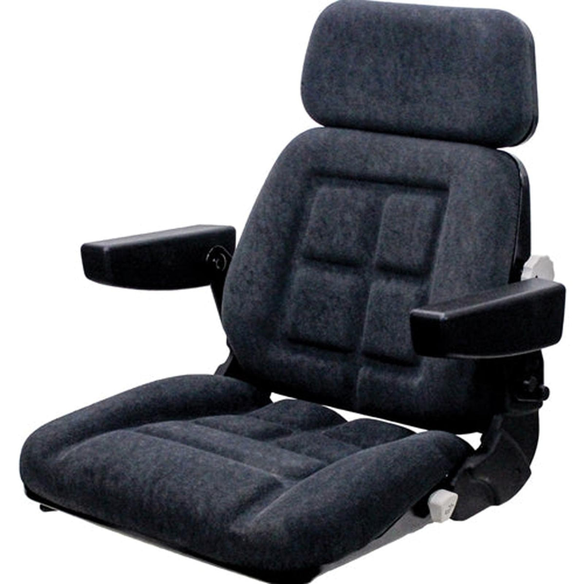 Black mid-back tractor seat with padded armrests, adjustable slide tracks, and durable fabric upholstery.