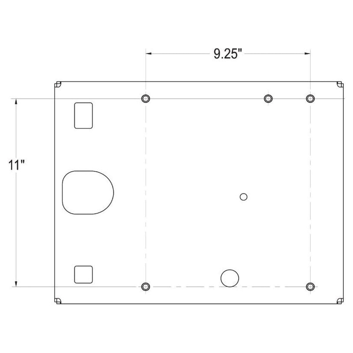 Technical diagram showing the 9.25-inch by 11-inch mounting hole pattern for a heavy-duty excavator seat base.
