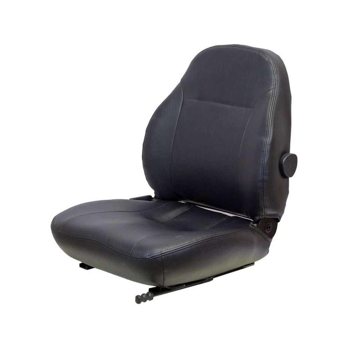 Black high-back tractor seat with durable vinyl upholstery, adjustable armrests, and a contoured ergonomic design.