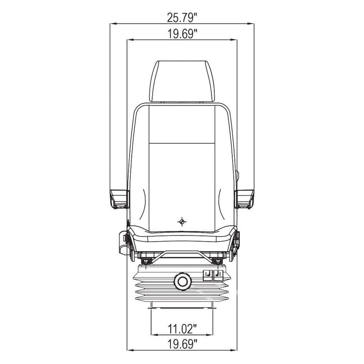 Technical line drawing of a heavy-duty mechanical suspension seat with armrests and dimensions in inches.
