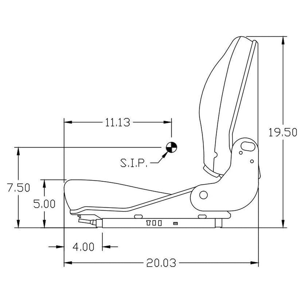 Technical line drawing of a Grammer back suspension seat with dimensions for excavators and heavy equipment.