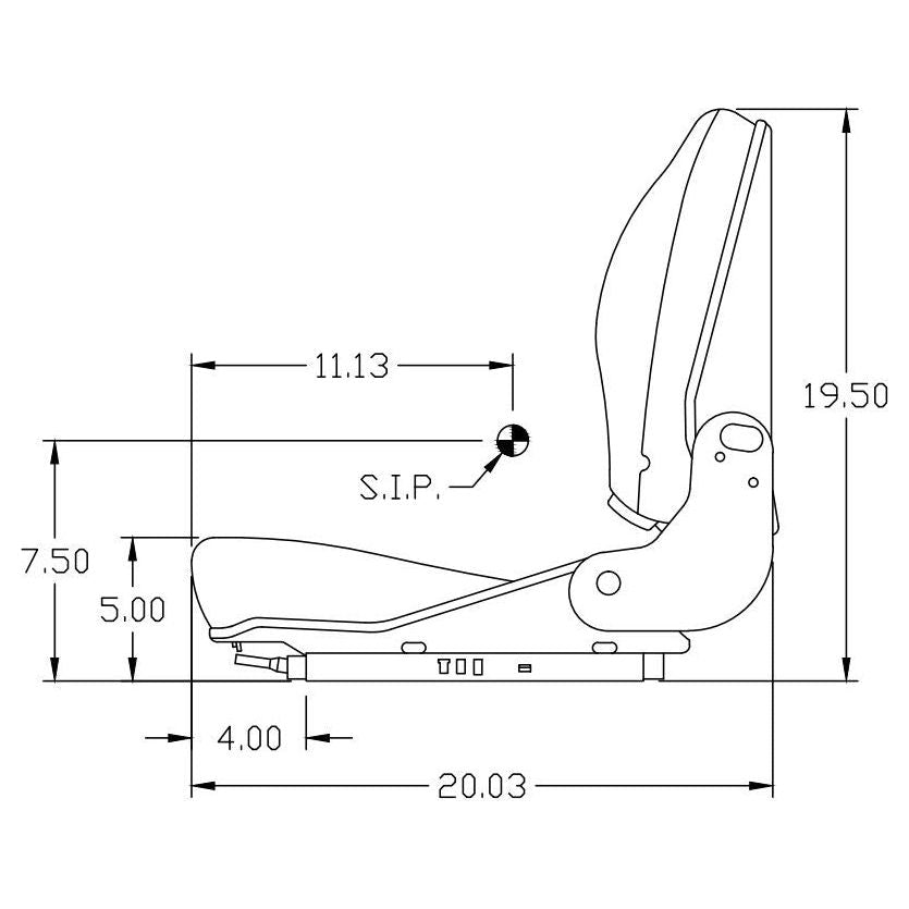 Technical line drawing of a Grammer back suspension seat with dimensions for excavators and heavy equipment.