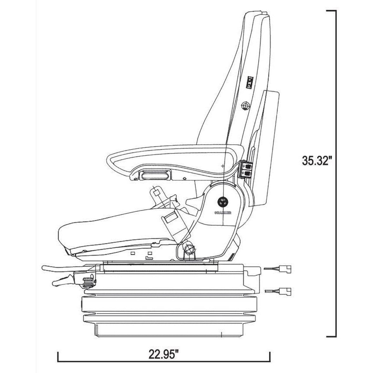 Technical line drawing of a 24v air suspension excavator seat with 35.32-inch height and 22.95-inch base dimensions.