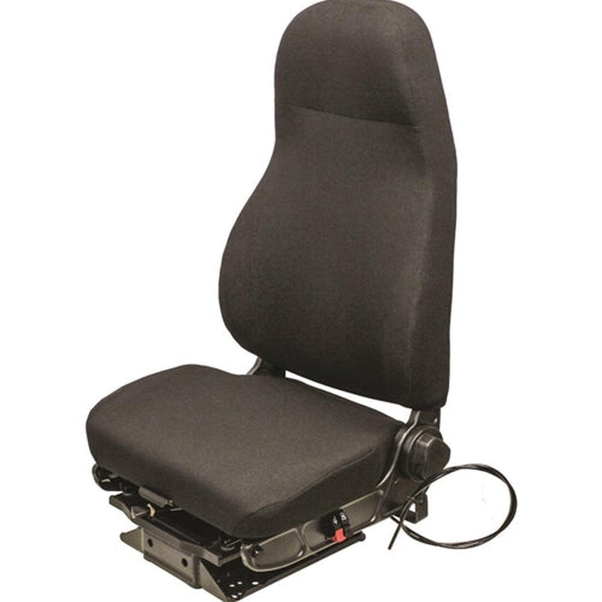 Black high-back medium-duty truck seat in durable Mordura fabric with a low-profile air suspension base.