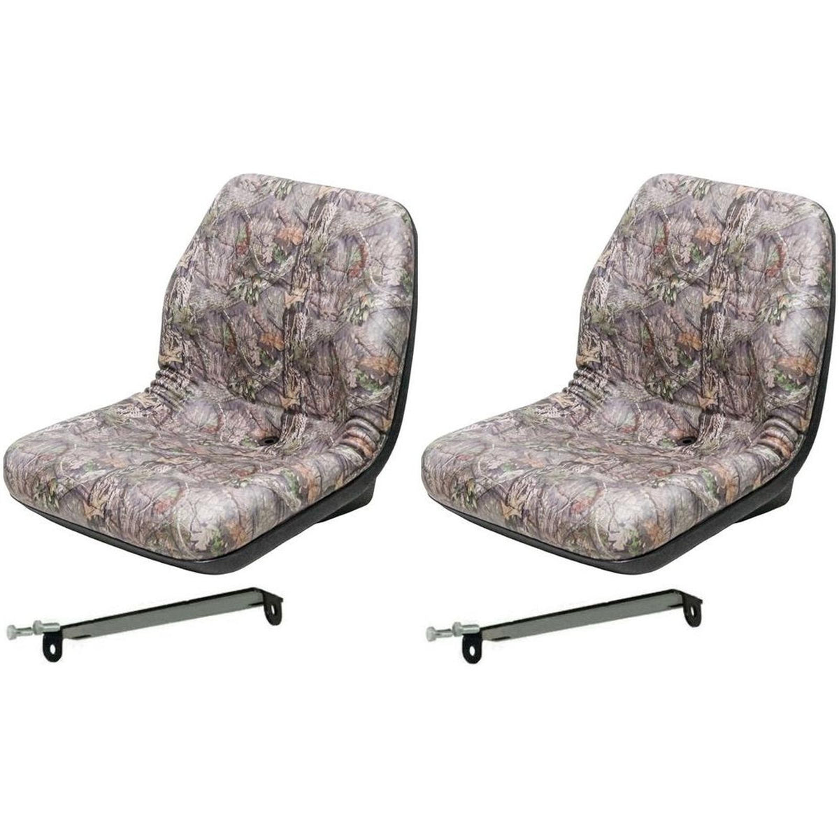 Two high-back camo lawn mower seats with black metal flip brackets for John Deere Gator and tractor utility vehicles.
